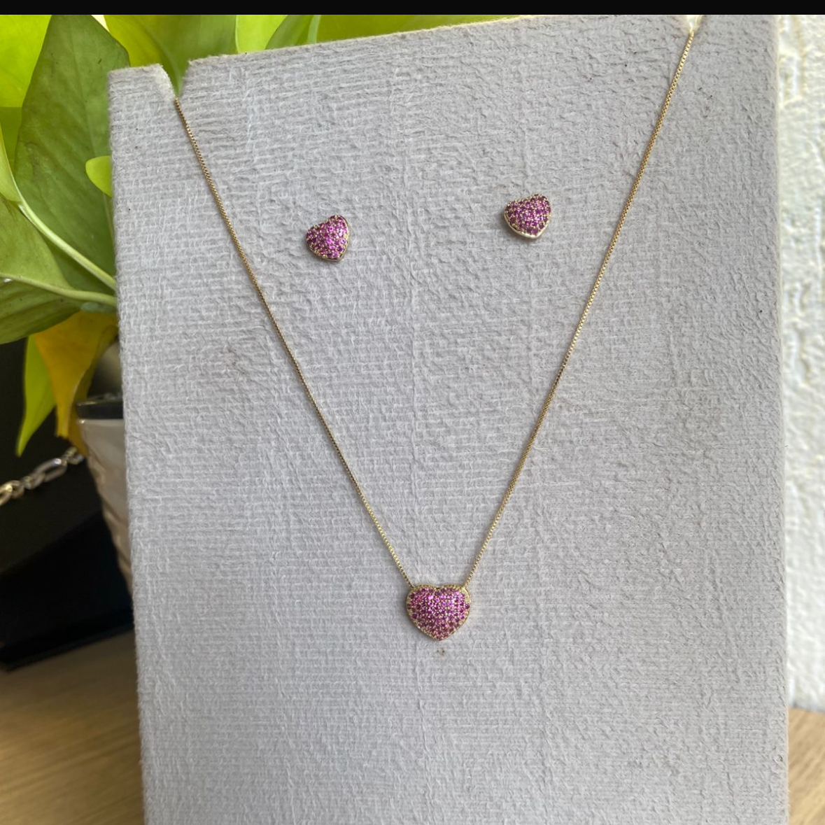 Conjunto Coração Cravejado Rosa Lumini