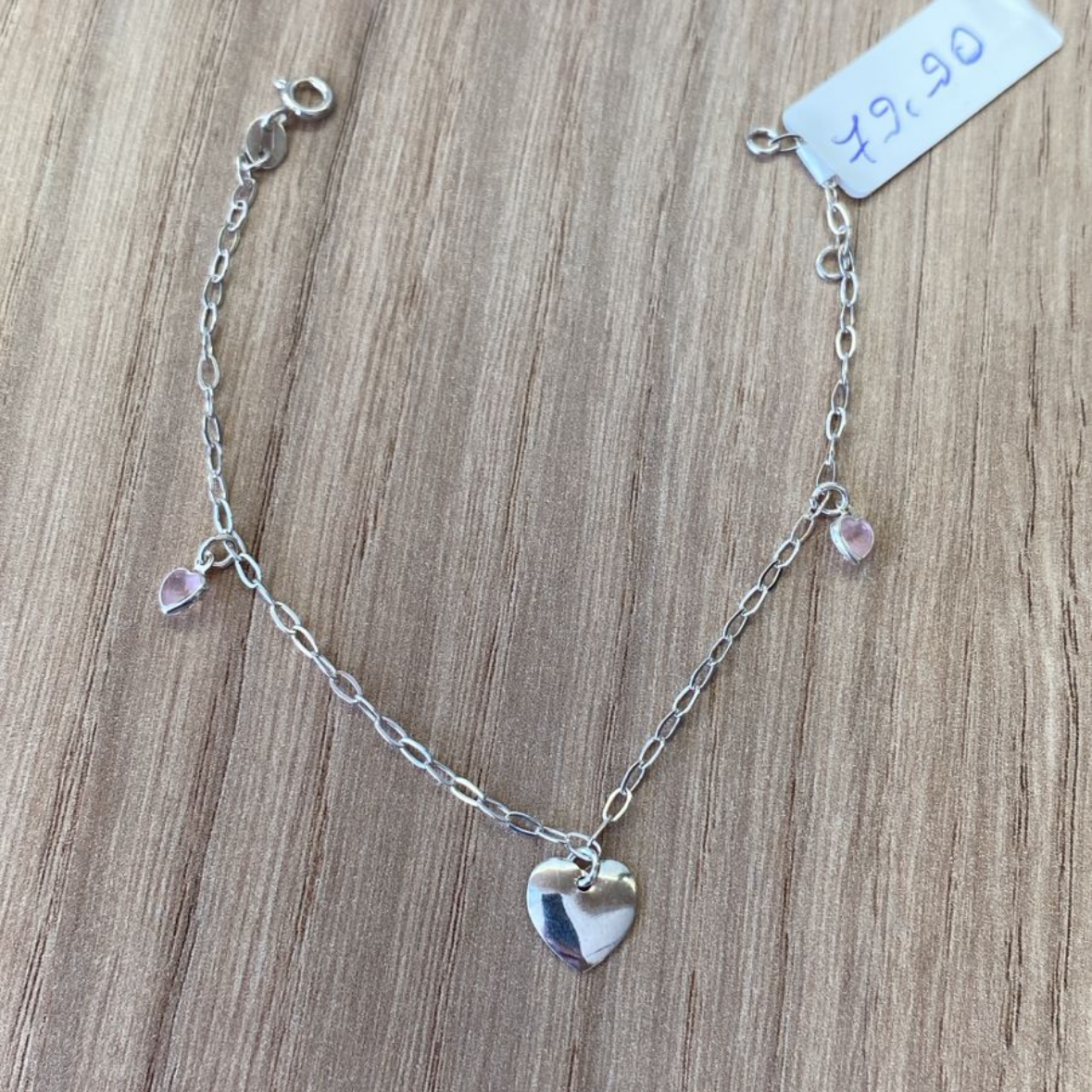 Pulseira Coração com Pingentes Rosa em Prata 925