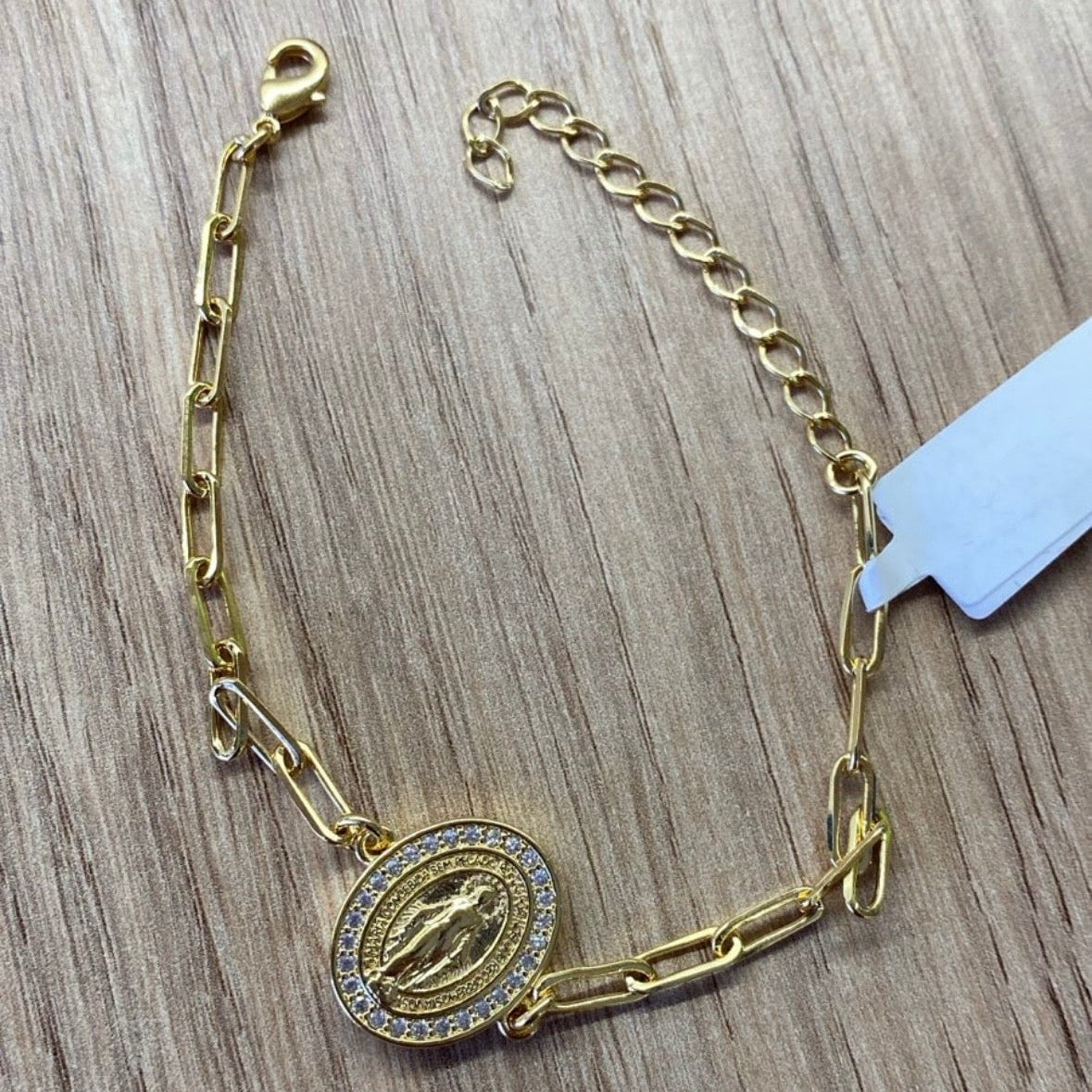 Pulseira Nossa Senhora das Graças Elo Cartier com Zircônias banhada a ouro