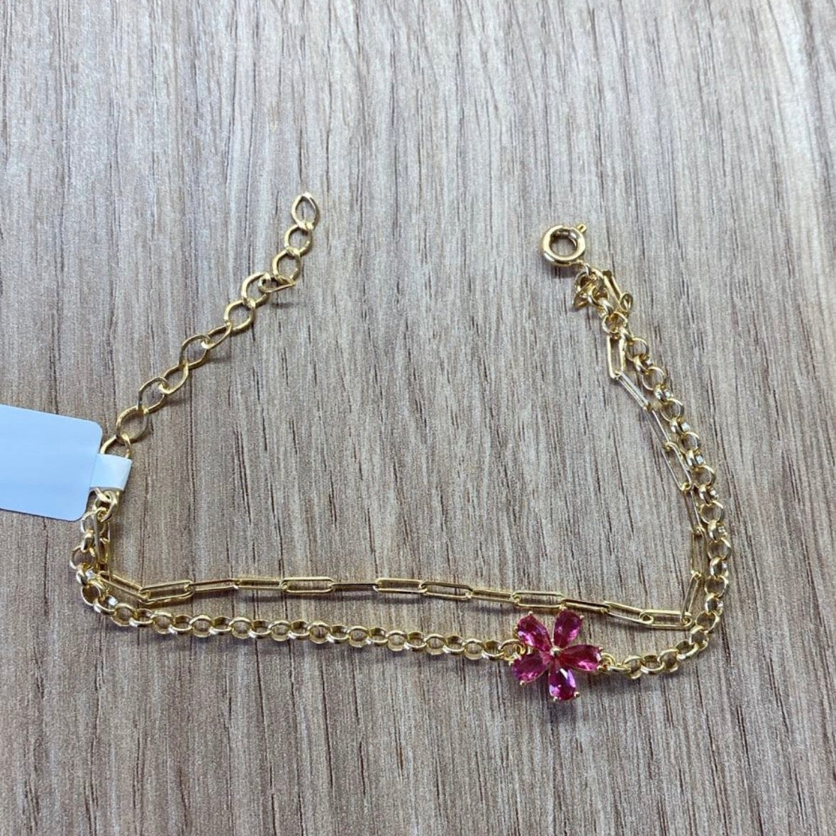 Pulseira Dupla com Flor Rosa Banhada a Ouro