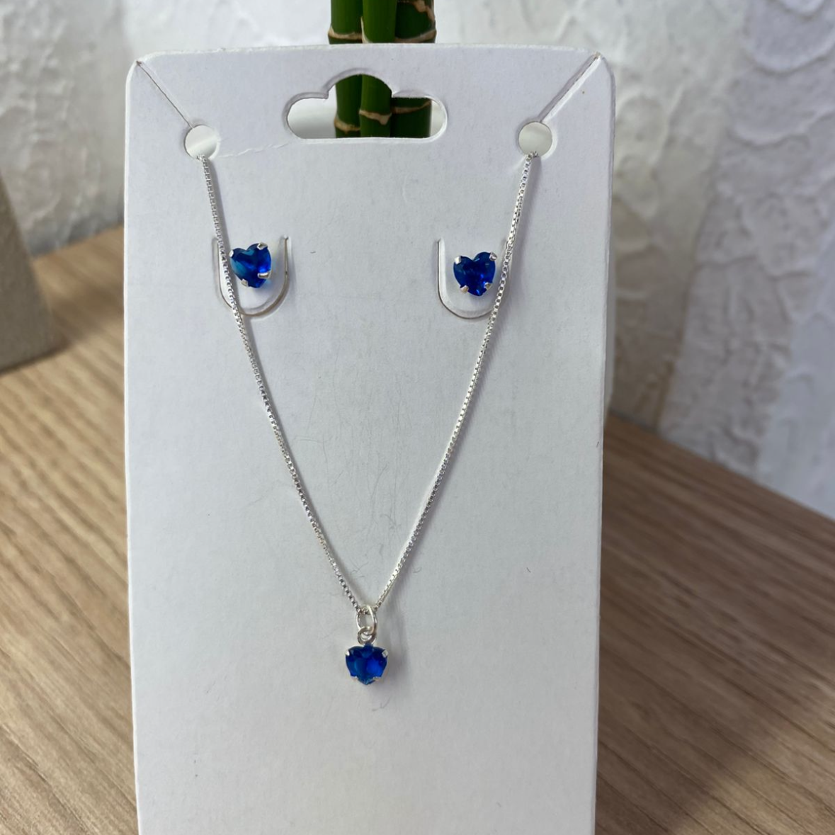 Conjunto Coração Azul em Prata 925 com Corrente 45 cm