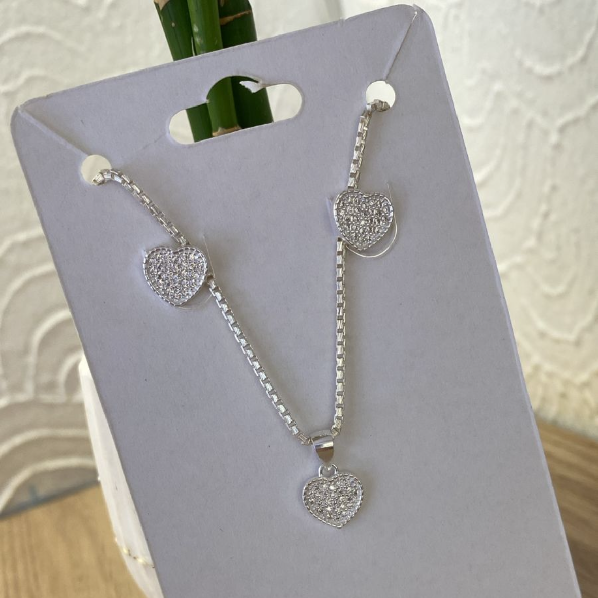 Conjunto Coração Cravejado em Prata 925 – Corrente 45 cm