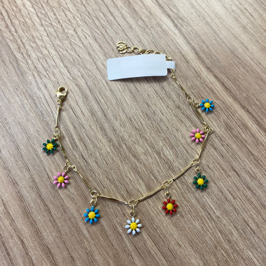 Pulseira Margaridas Coloridas Banhada a Ouro