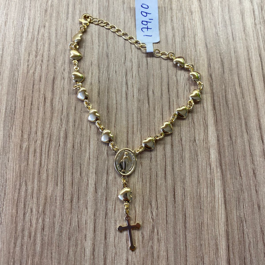Pulseira Terço Banhada a Ouro com Medalha e Cruz