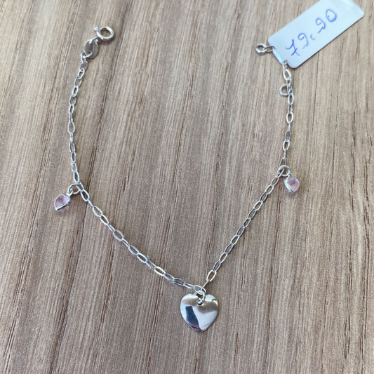 Pulseira Coração com Pingentes Rosa em Prata 925