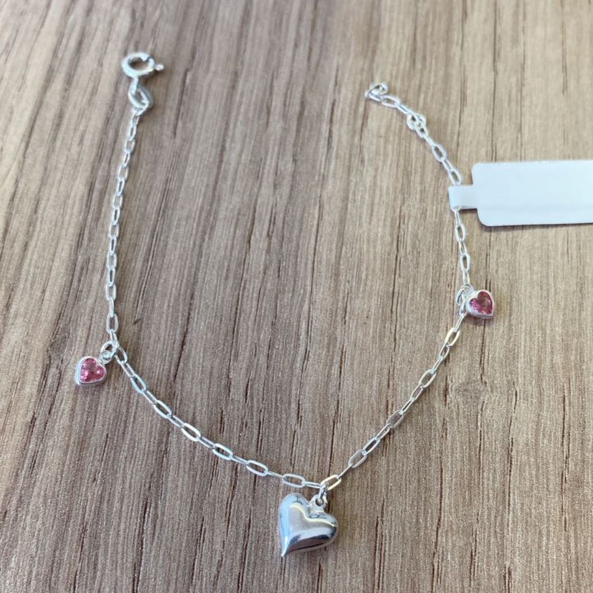 Pulseira Coração com Pingentes Rosa em Prata 925