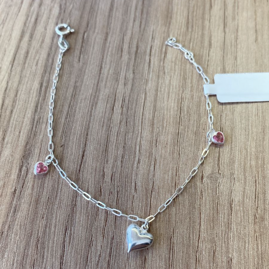 Pulseira Coração com Pingentes Rosa em Prata 925