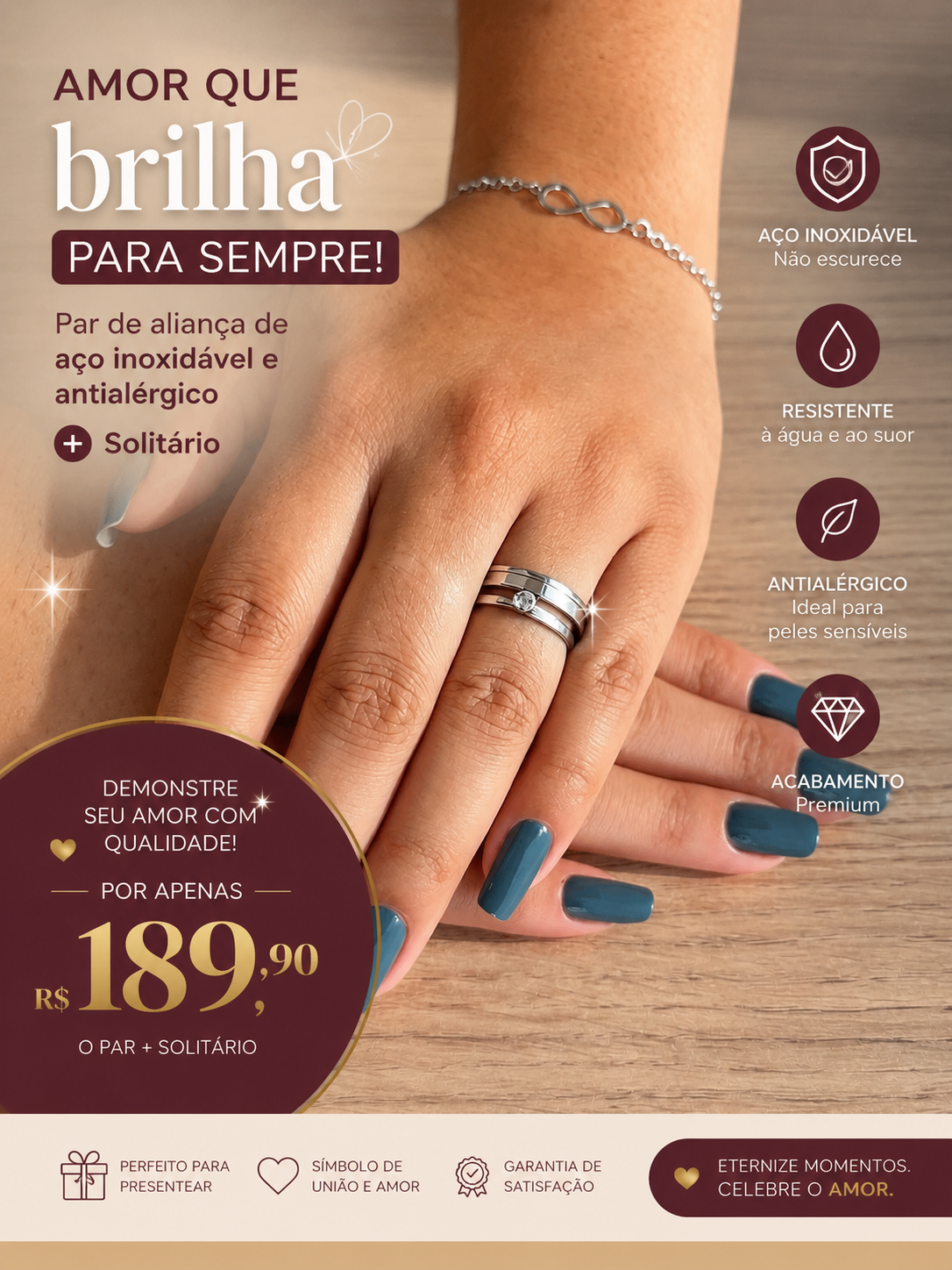 Par de Alianças de Aço Inox + Solitário