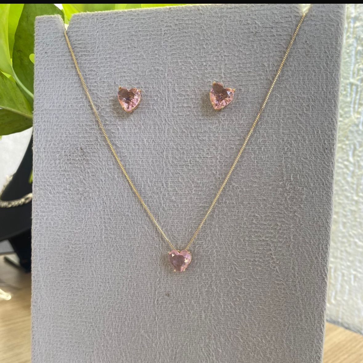 Conjunto Coração Zircônia Rosa Lumini