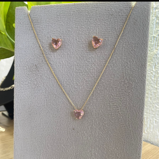 Conjunto Coração Zircônia Rosa Lumini