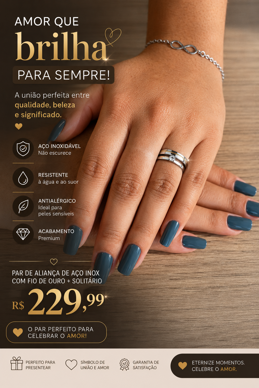 Par de Alianças de Aço Inox com Fio de Ouro + Solitário