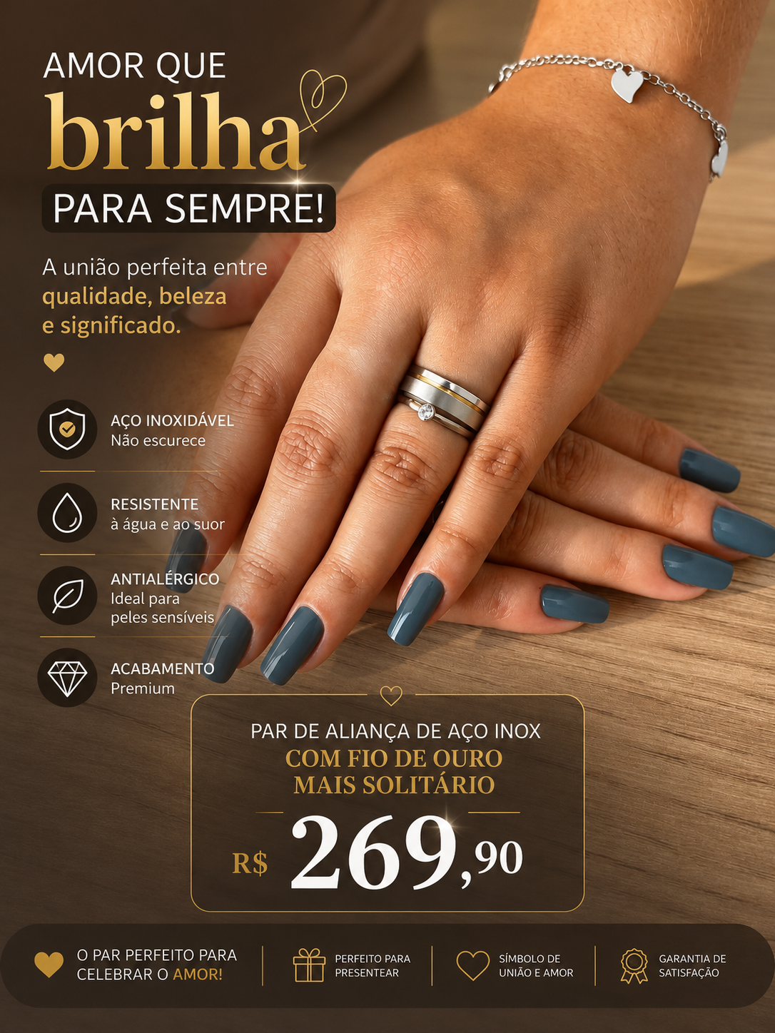 Par de Alianças de Aço Inox com Fio de Ouro + Solitário