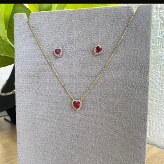 Conjunto Coração Zircônia Vermelha Lumini