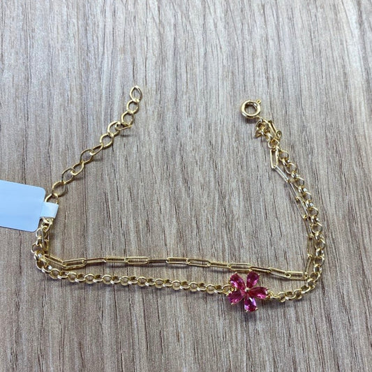 Pulseira Dupla com Flor Rosa Banhada a Ouro