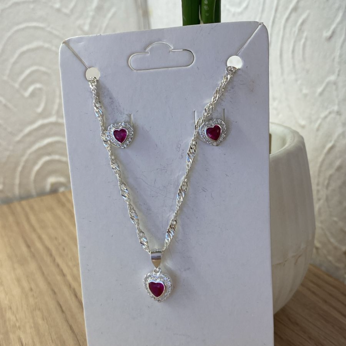 Conjunto Coração Vermelho em Prata 925 com Zircônias – Corrente 45 cm
