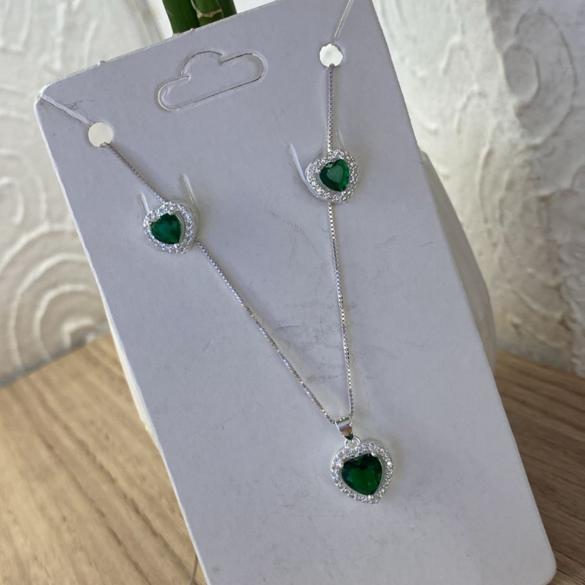 Conjunto Coração Verde em Prata 925 com Zircônias – Corrente 45 cm